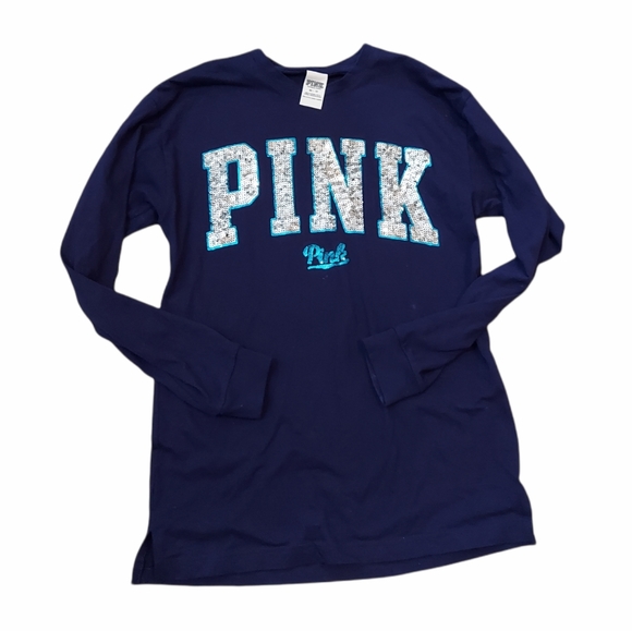PINK Victoria's Secret Tops - PINK Signature Long Sleeve Bling Tee Navy XS